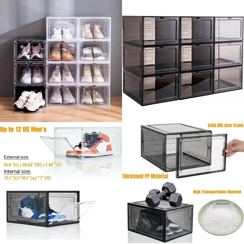 

Stackable Clear Plastic Shoe Boxes with Magnetic Doors - 9-Pack Display Organizer (Clear Black)