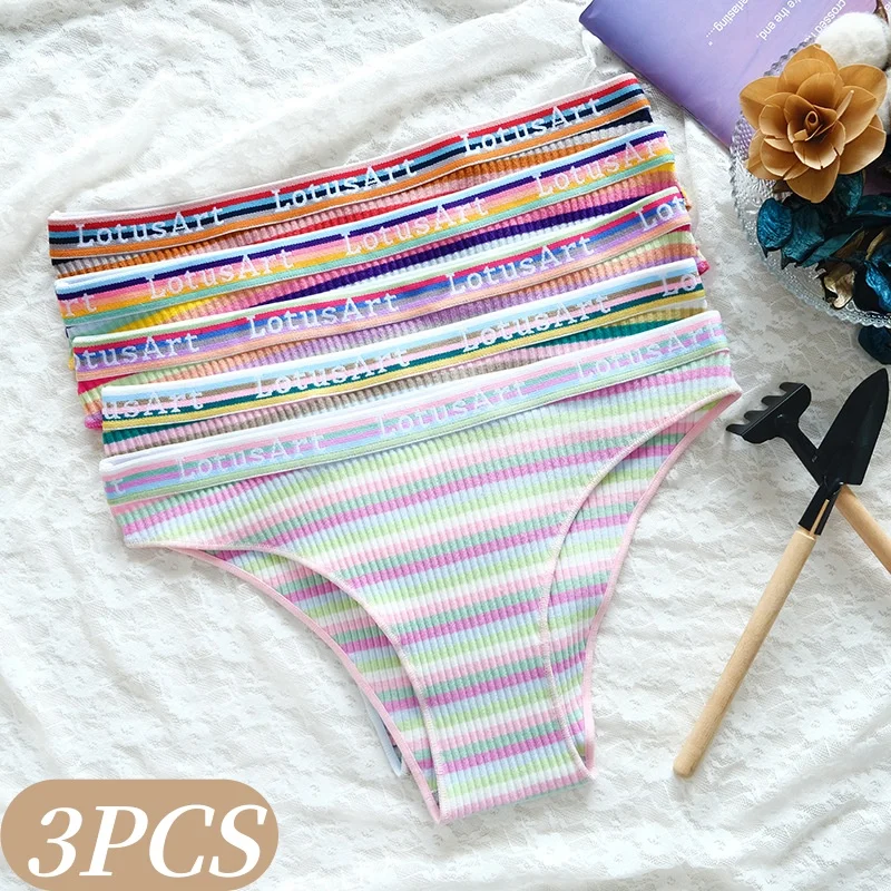 3Pcs/Set Women Cotton Panties Colorful Striped Underwear Low Waist Briefs Female Underpants Breathable Sexy Lingerie M-XXL
