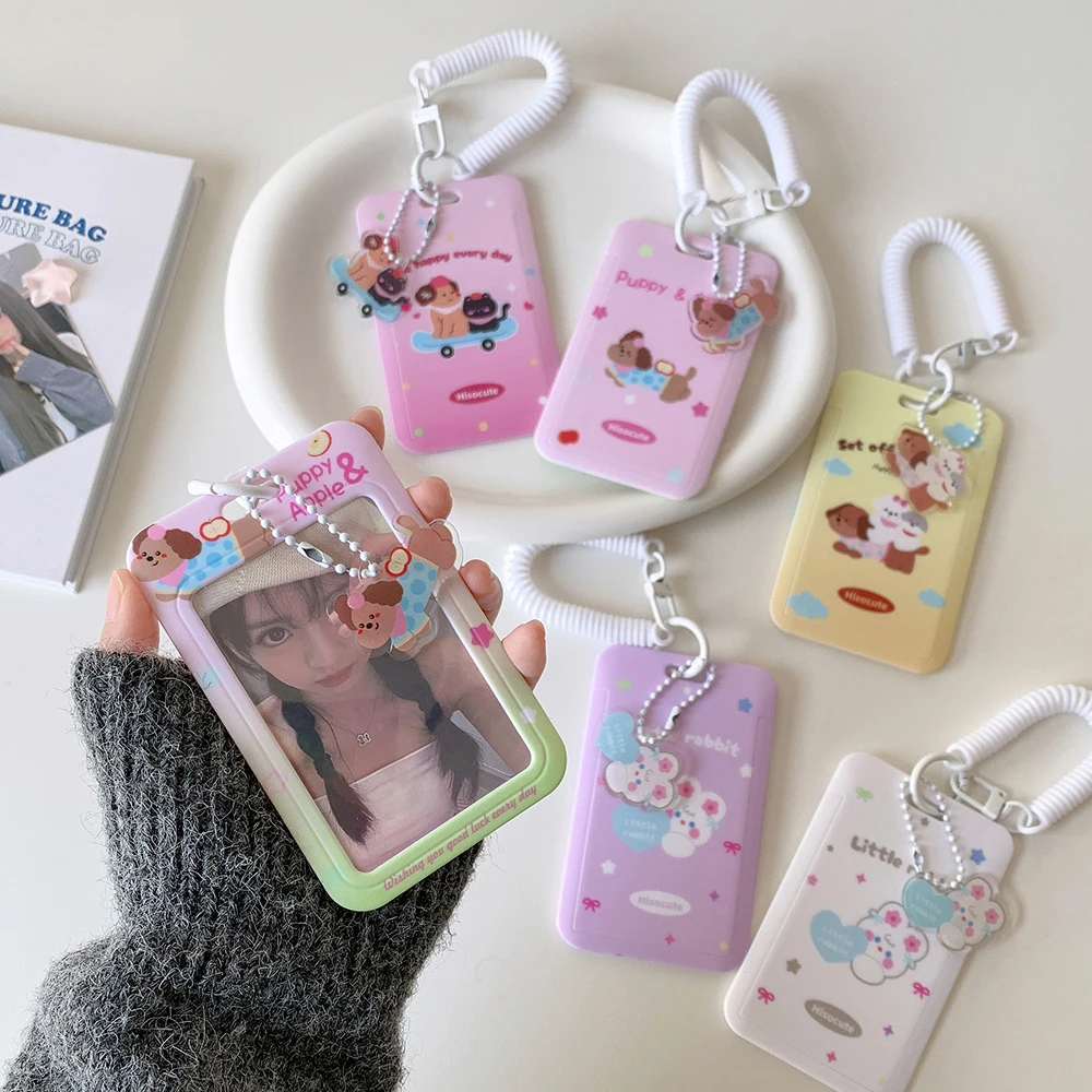 Kawaii Cartoon Pvc Sliding Cover Dog 3in Photo Card Holder Fashion Girl Crossbody Bag Pendant Keychain Decoration Accessories