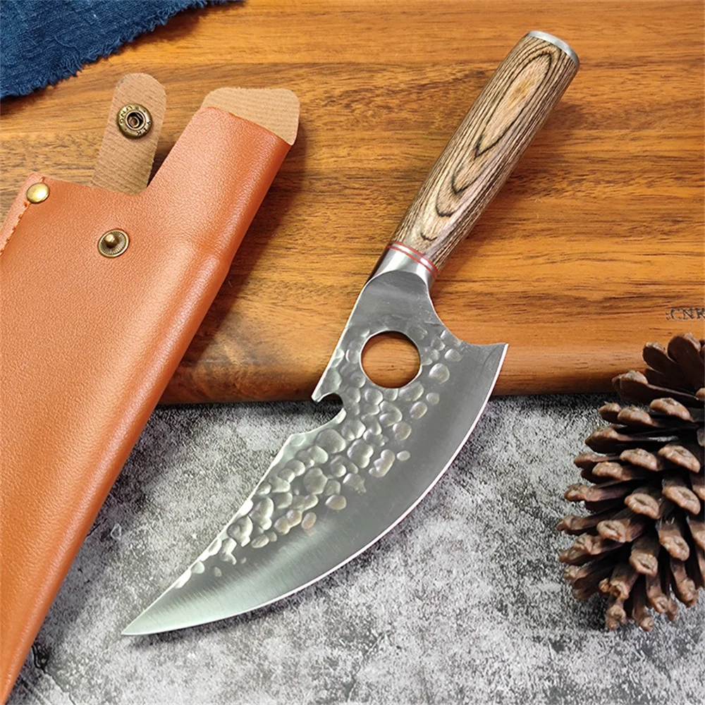 Stainless Steel Boning Knife Japanese Butcher Knife Meat Cleaver with Wooden Handle and Leather Sheath for Gifts