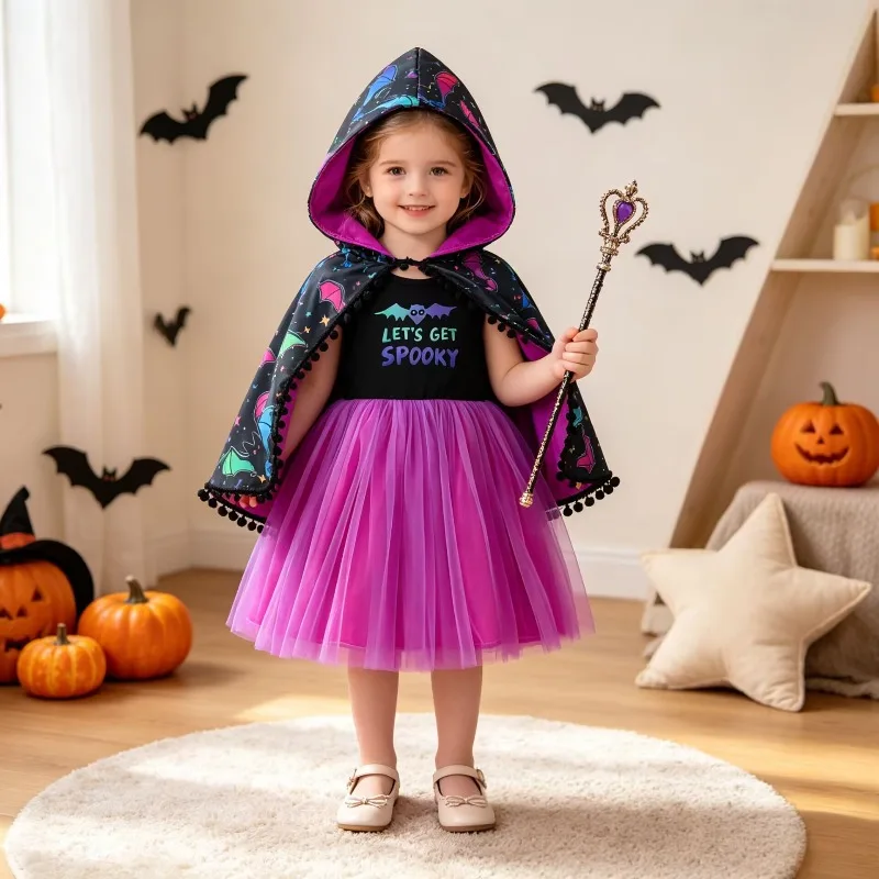Toddler Baby Girls Halloween Witch Costume Black Top Purple Tutu Dress With Hooded Cape And Wand 0 36M