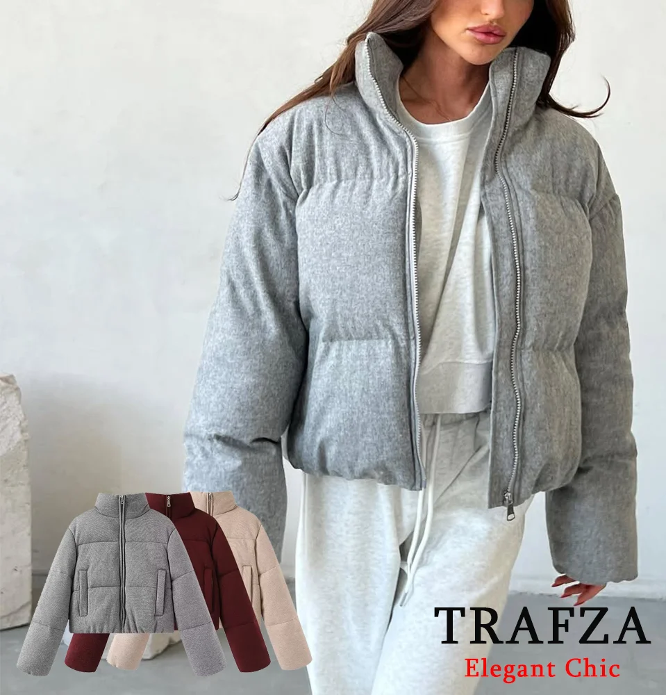 

TRAFZA-Women Fall Winter Padding Jacket Stand Collar Pocket Zip-up Jacket Coat New 2025 Fashion Casual Simple High Street Jacket