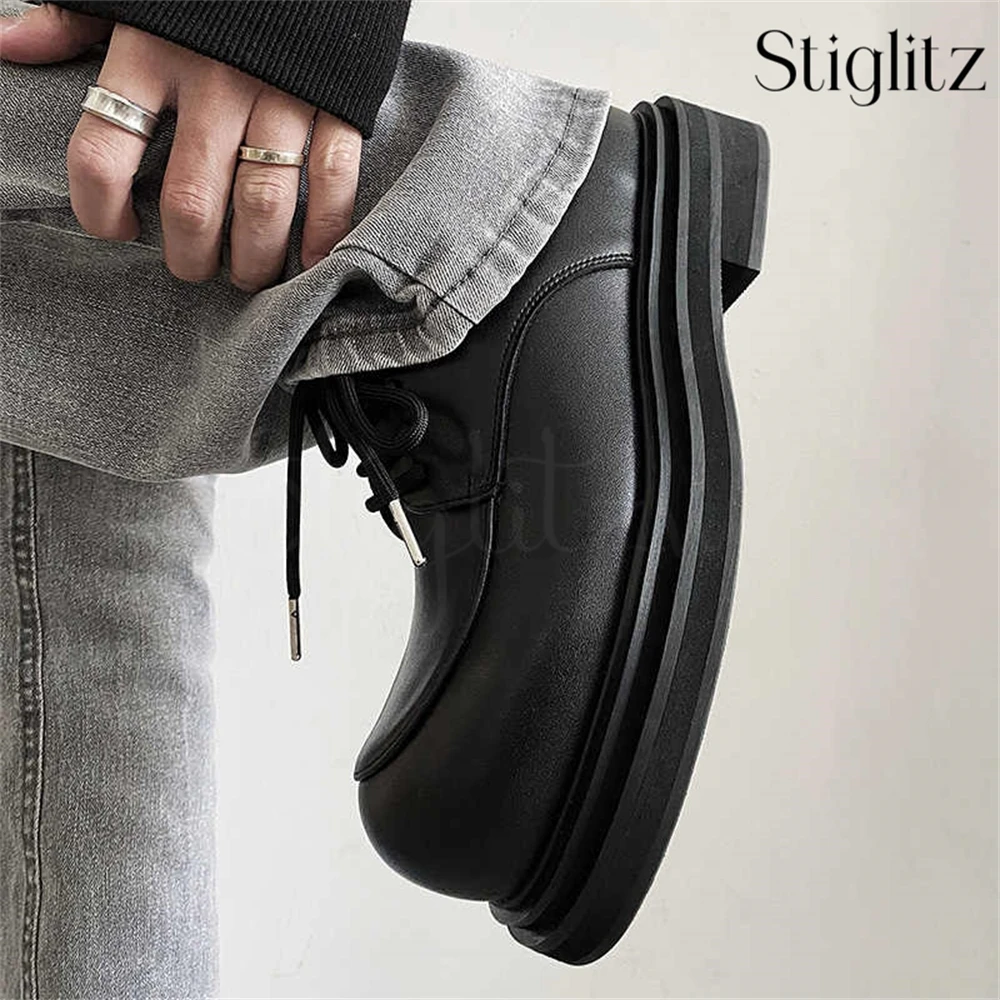 Big Round Toe Lace-Up Casual Leather Shoes Exaggerated Designer Style Handmade Leather Shoes Lace-Up Black Matte Leather Shoes