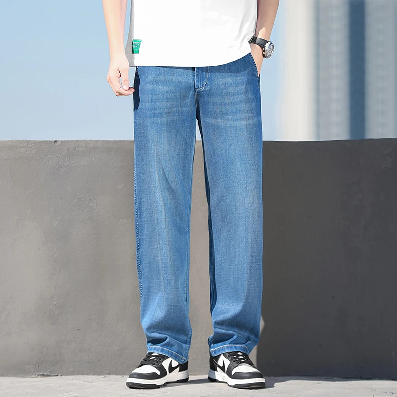 

Мужские тонкие лиоцелловые свободные прямые широкие джинсовые джинсы 2025 Лето-Осень Удобные дышащие повседневные эластичные брюки размера плюс 38