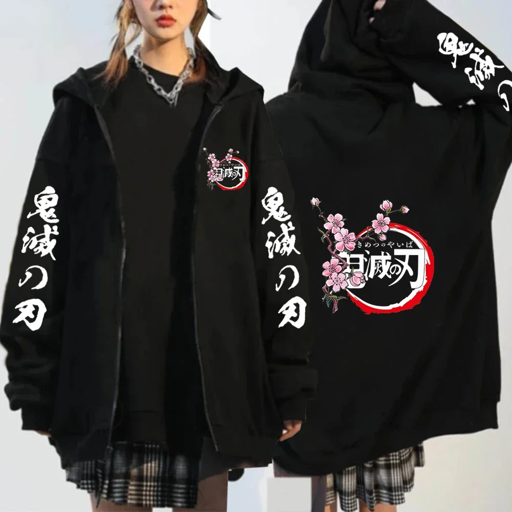 Anime kochou shinobu zíper hoodie mangá inverno outono jaqueta casual moletom harajuku demon slayer kimetsu não yaiba casacos