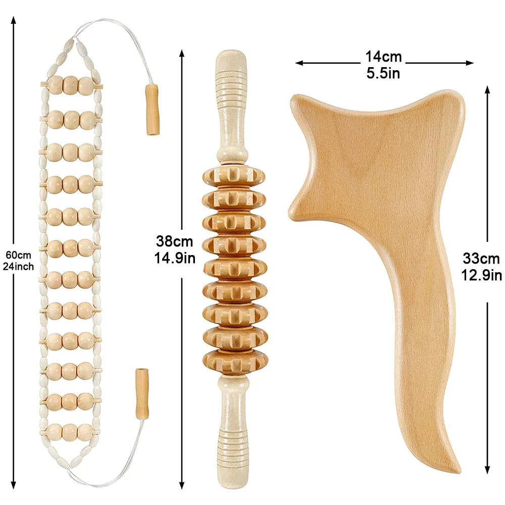 Wooden Massage Roller Stick Wood Gua Sha Board & Massage Roller Rope Wood Therapy Tools for Anti-Cellulite Lymphatic Drainage