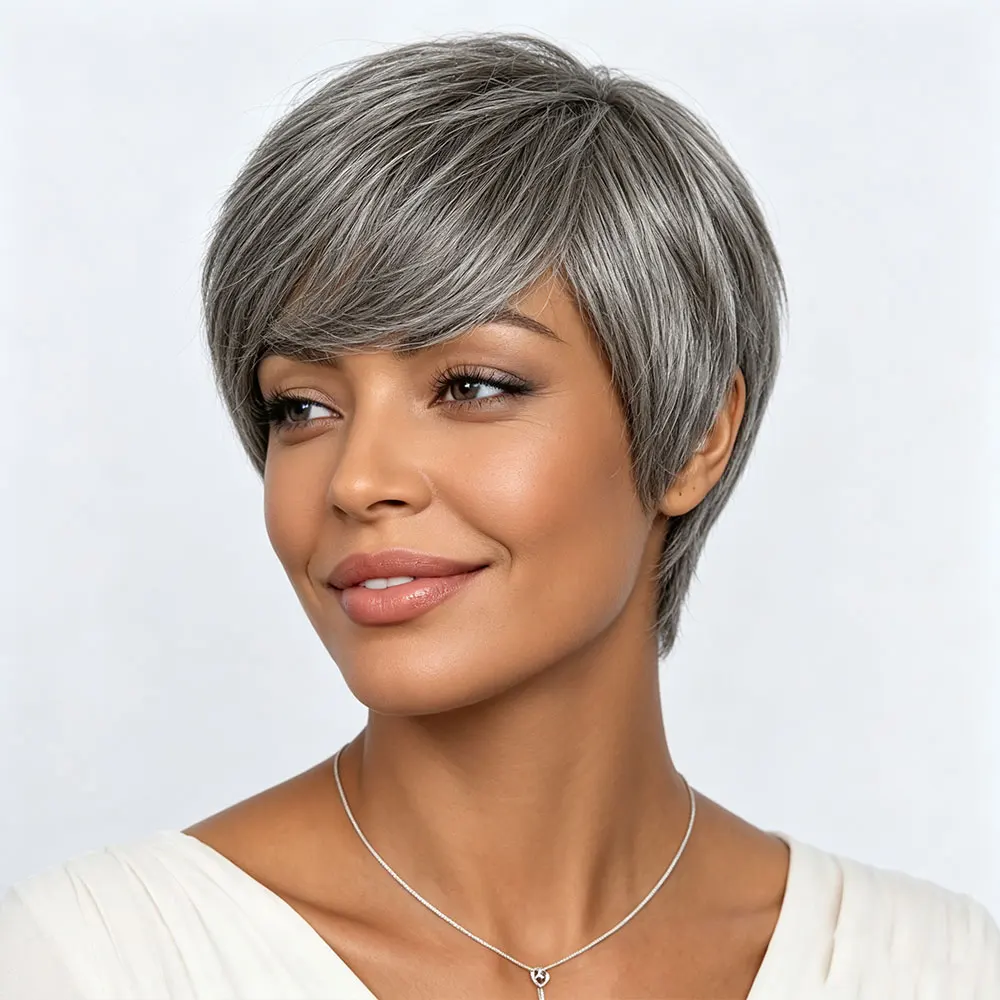 Short Pixie Cut Wig Human Hair Wig, Full Machine Made Grey Remy Human Hair 150% Density Natural Look for Daily And Party Wear