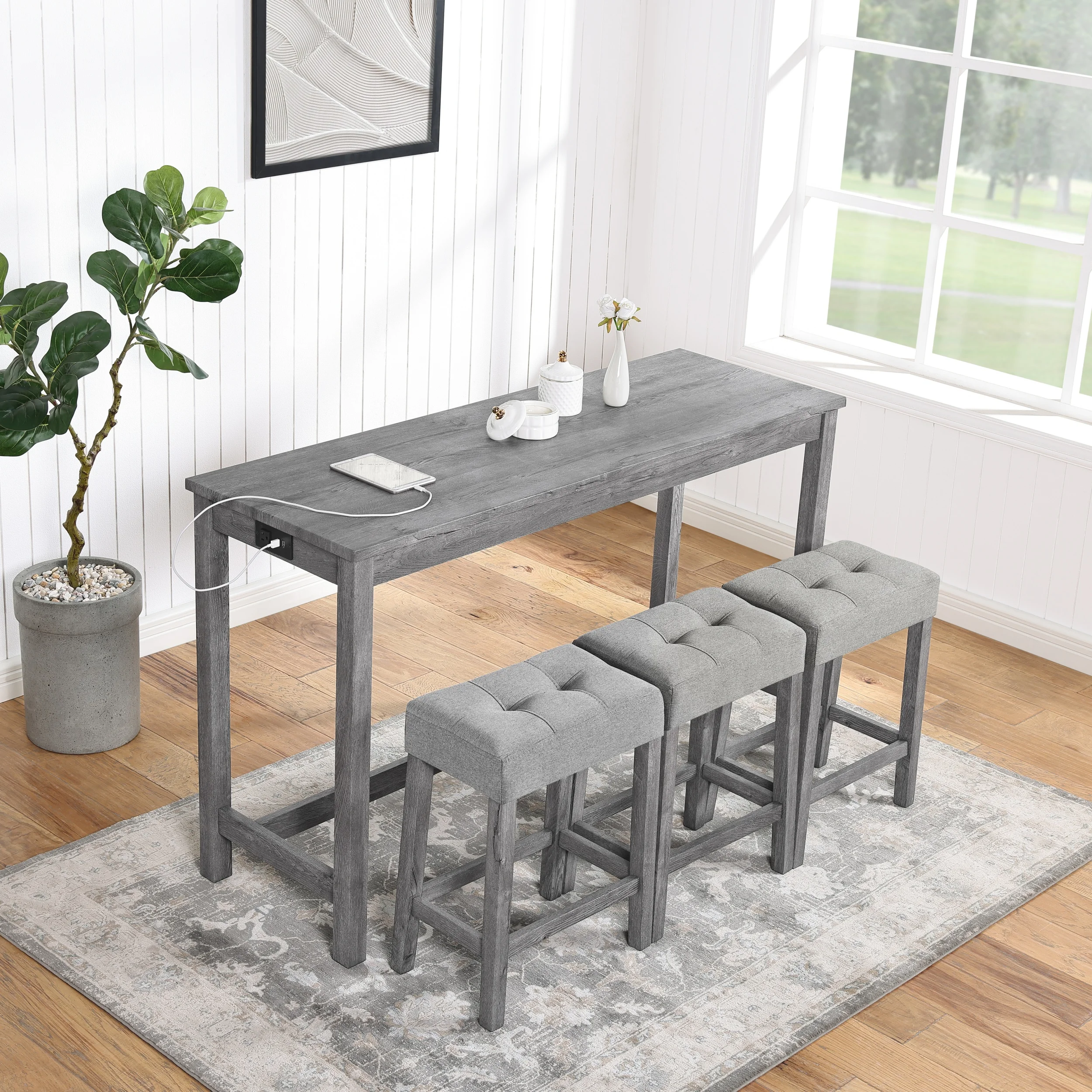 4-Piece Bar Table Set with Power Outlet, Industrial Style Bar Table and Bar Stools for Living Room, Dining Room, Game Room