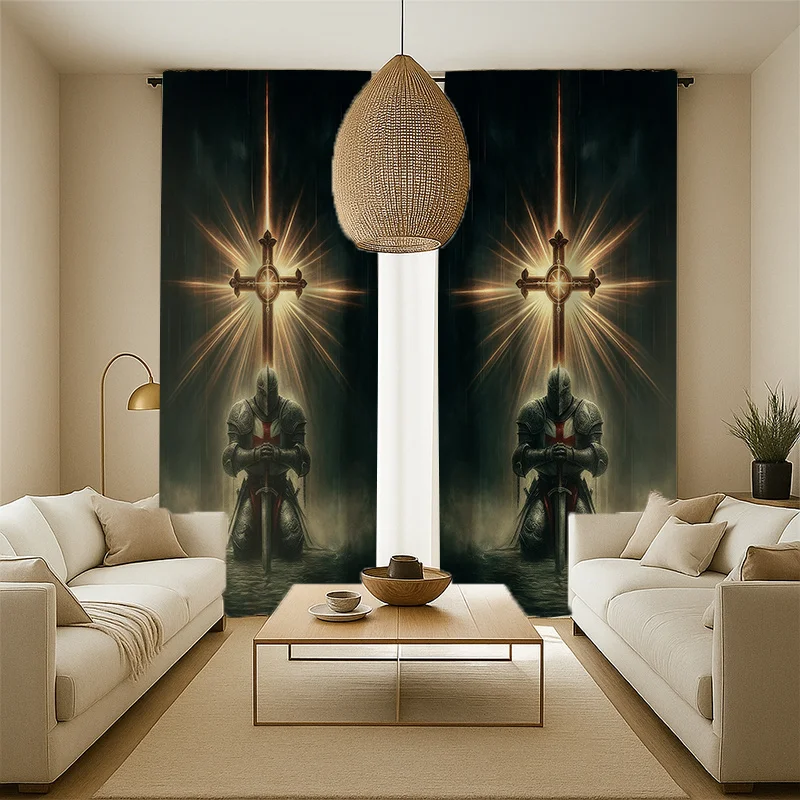 Dark Knight Curtain, Glowing Cross Warrior Print Drape, Gothic Fantasy Home Decor, Medieval Armor Window Treatment, Religious
