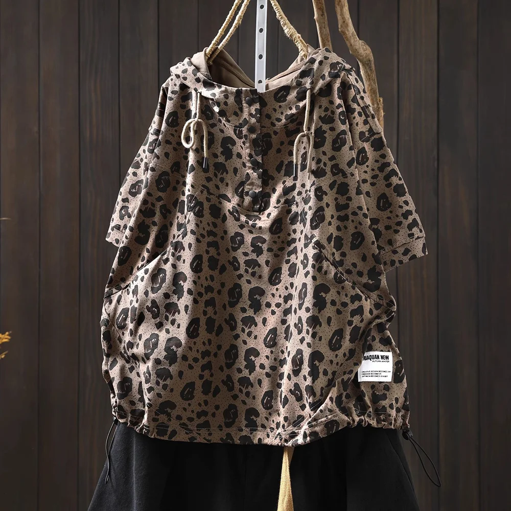 2025 Vintage animal leopard print hoodies for women pullover summer Spain style harajuku fashion short sleeve hooded shirts