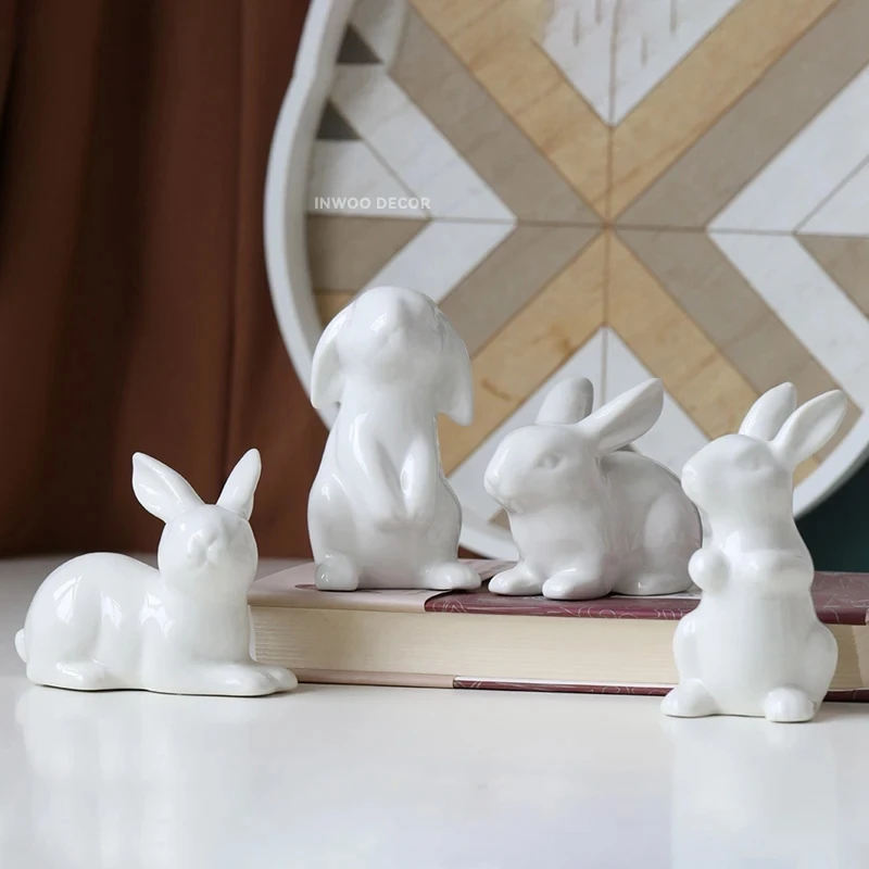 Cute Ceramics Rabbit Figurines Kawaii Hare Bunny Sculpture Garden Animal Ornaments Easter Nordic Home Decor Room Decoration