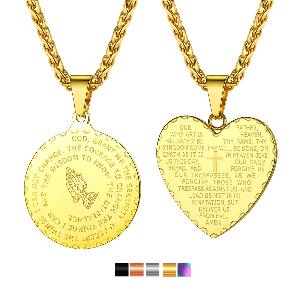 U7 Stainless Steel Bible Verse Prayer Round Heart Necklaces Praying Hand Cross Pendant Wheat Chain Unisex Christian Jewelry Gift