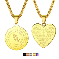 U7 Stainless Steel Bible Verse Prayer Round Heart Necklaces Praying Hand Cross Pendant Wheat Chain Unisex Christian Jewelry Gift