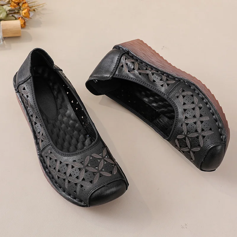 

New genuine leather wedged sandals women's breathable summer autumn shoes elderly woman slip on shallow moccasins ladies sandal