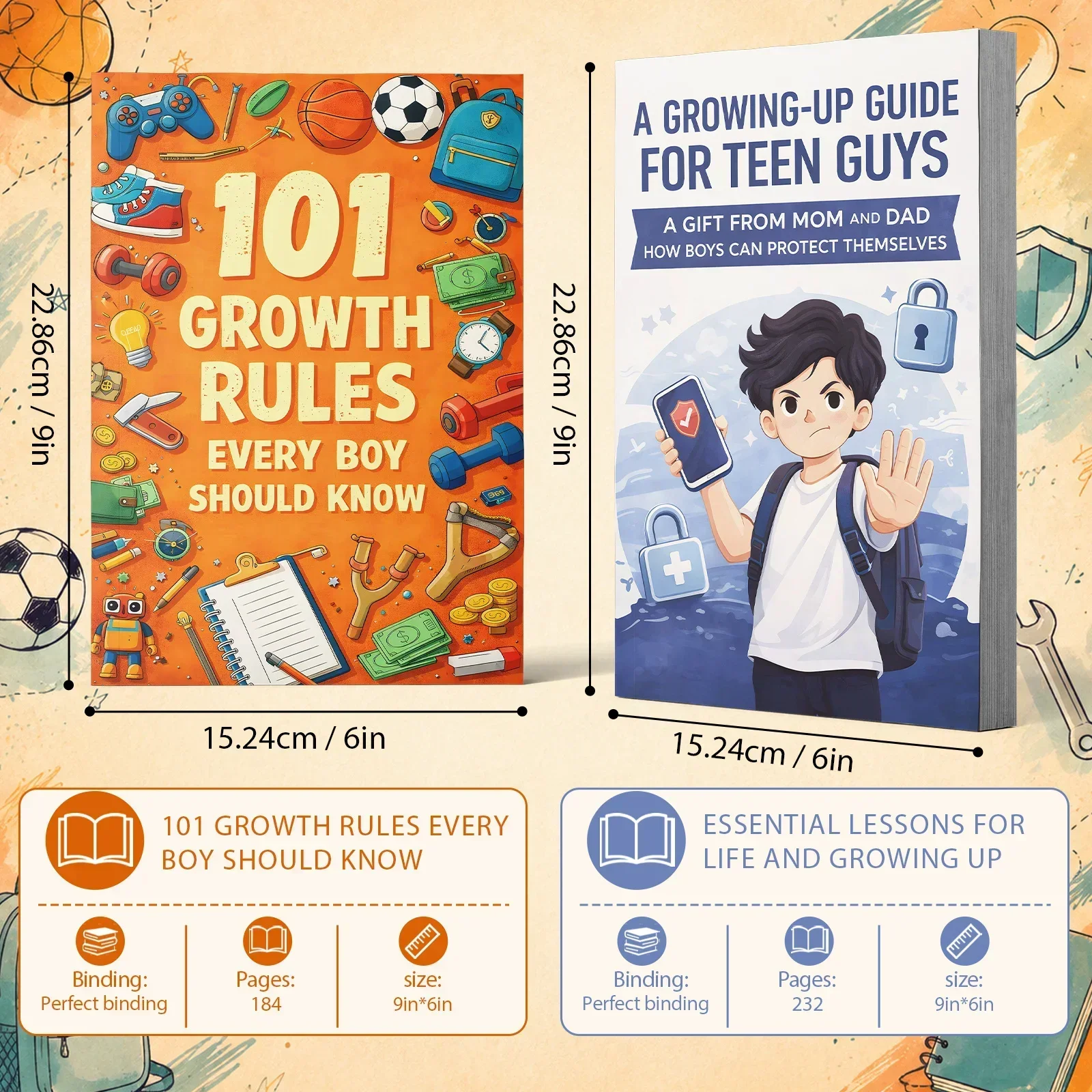 2-Book Growing-Up Guide for Boys, 101 Growth Rules and Teen Safety Handbook, Life Skills, Self-Protection, Confidence