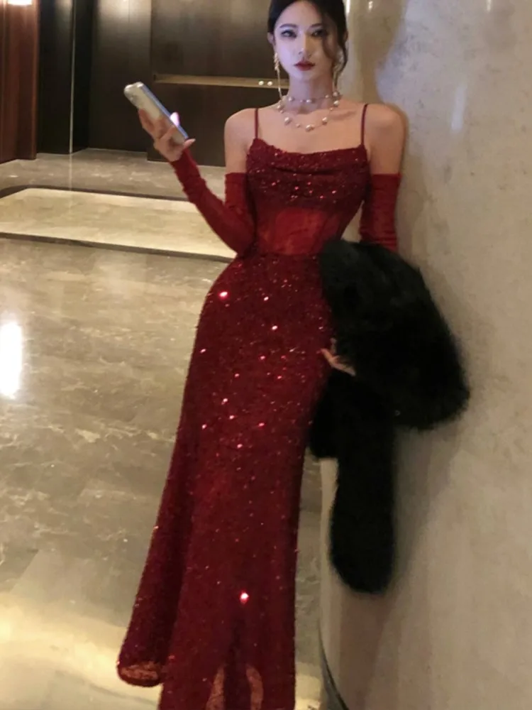 

Sexy Sequins Elegant Mermaid Dress Women Autumn Fashion Formal Lace Split Slim Evening Party Korean Vestidos Robe New Clothes