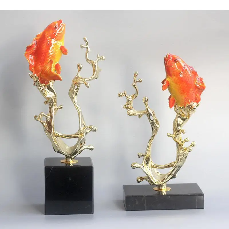 

Gold-plated Painted Carp Golden Waves Marble Base Crafts Desk Decoration Modern Ornaments Sculpture Room Aesthetics Decor