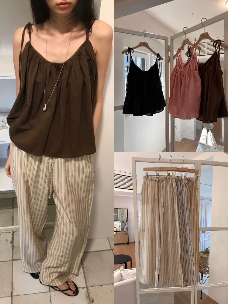 

Summer Dongdaemun Brown Strap Vest Women Loose Slimming Stripe Casual Pants Dstring Casual Sle Korean Faion
