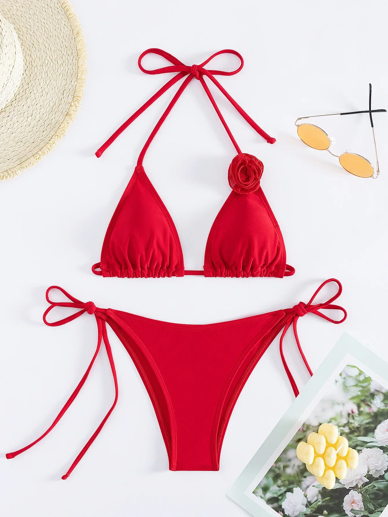 sexy 3D Red flower halter string bikinis sets two pieces tie high waist thong swimsuits swimwear women biquini bathing suits