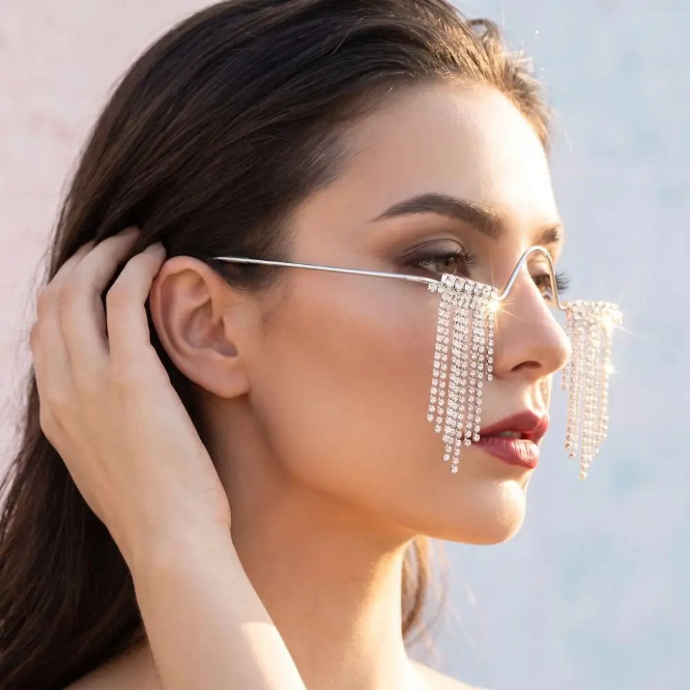 Foldable Tassel Rhinestone Eyeglass Frame Crystal No Lens Metal Glasses Frames Geometric Blingbling Glitter Mask Decoration
