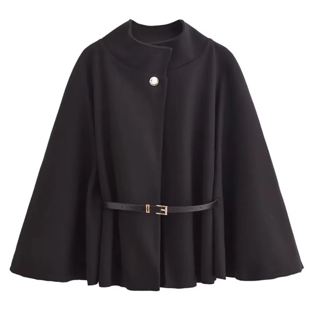 Solid Color Short Cape Coat Belted Design Thick Warm Elegant Cloak Jacket Loose Fit Fitted Waist Batwing Sleeve Coat for Women