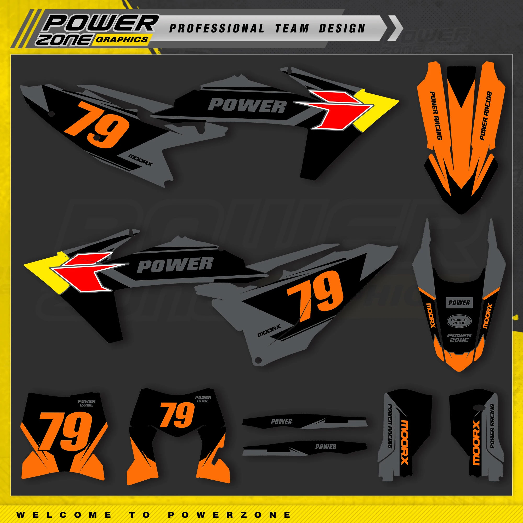 

Наклейки PowerZone Custom Team Graphics для мотоциклов KTM 2023 2024 2025 SXF 2026 225 2024 EXC, комплект наклеек 3M, 011