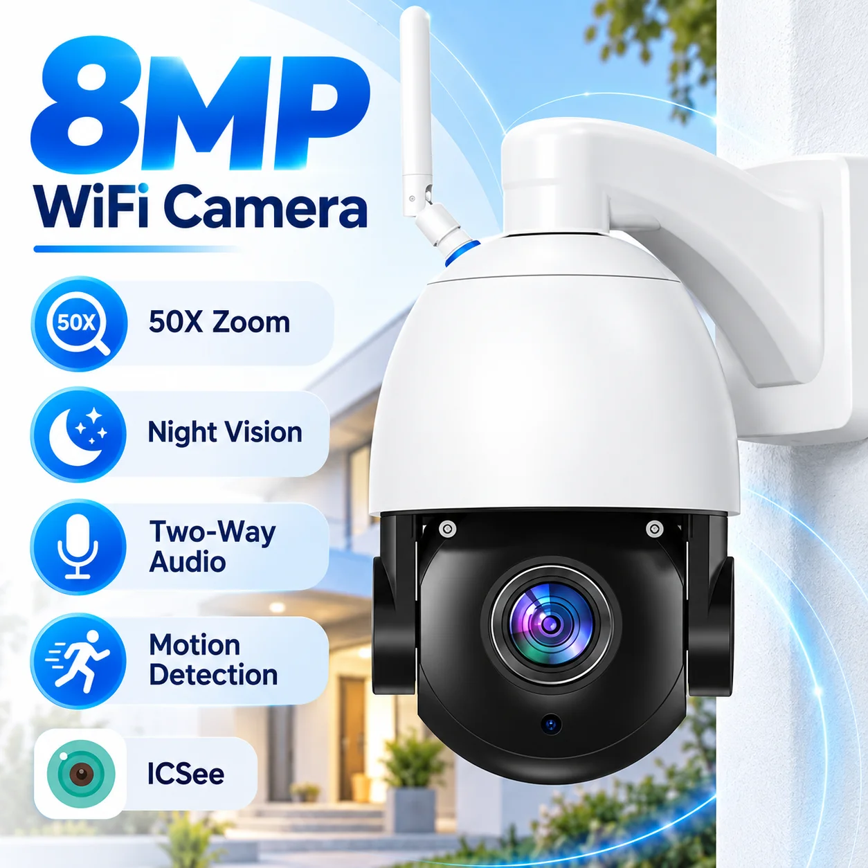 8MP WiFi PTZ Security Camera Outdoor 50X Zoom Night Vision Two Way Audio Motion Detection ICSee App Wireless IP CCTV Home Camera