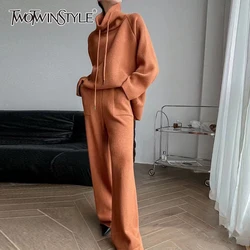 TWOTWINSTYLE Solid Two Piece Sets For Women Hooded Long Sleeve Sweatershirts High Waist Wide Leg Pant Minimalist Set Female New