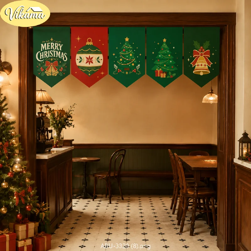 VIKAMA Christmas Triangle Banners, Fabric Triangle Banners with Christmas Tree Bells and Ornaments, Holiday Party and Home Decor