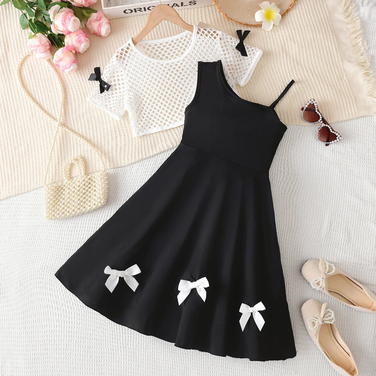 Summer Girl Dress Teen Girls Clothing Set Mesh T Shirt Crop Top Black Bowknot Strap Dress 2Pcs Kids Y2K Outfits Streetwear Chic