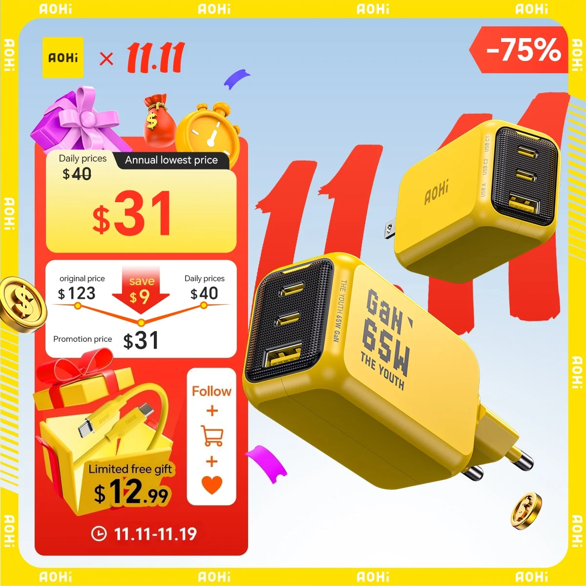 

AOHI THE YOUTH 65W GaN Charger Type C PD Charger 3-Port USB Charger with QC4.0 Portable Fast Charger For iPhone /Laptop /Tablet