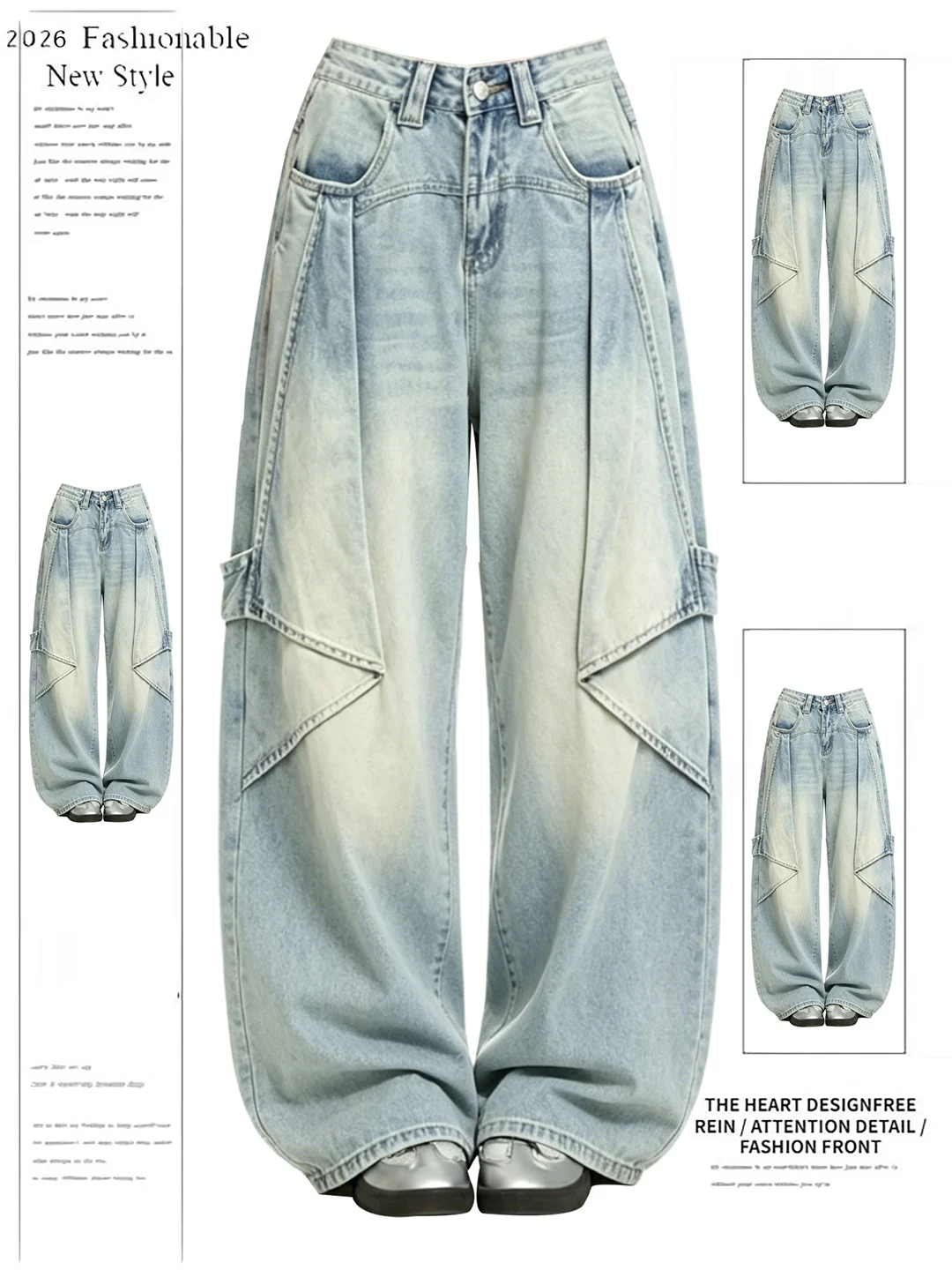 

American Style 3D Gradient Dyed Wide Leg Jeans Women's Summer Vintage High Waist Patchwork Denim Pants Casual Blue Color