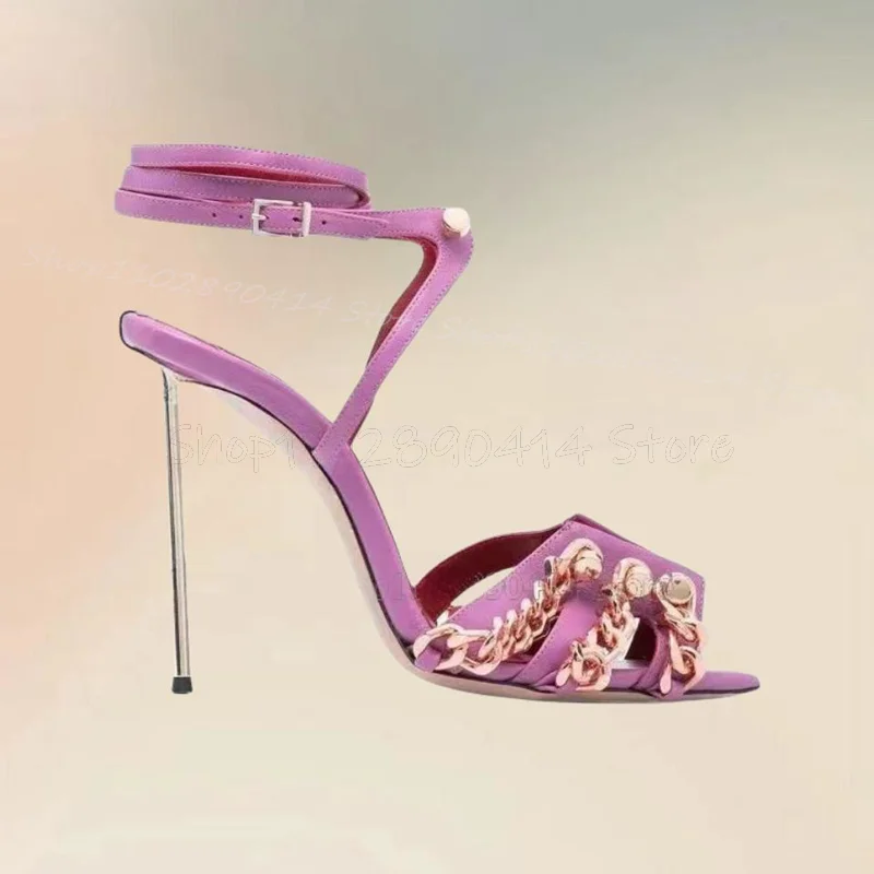 

Gold Chain Buckle Decor Purple Metal Heel Sandals Ankle Buckle Strap Women Shoes Thin High Heels Novel 2024 Zapatos Para Mujere