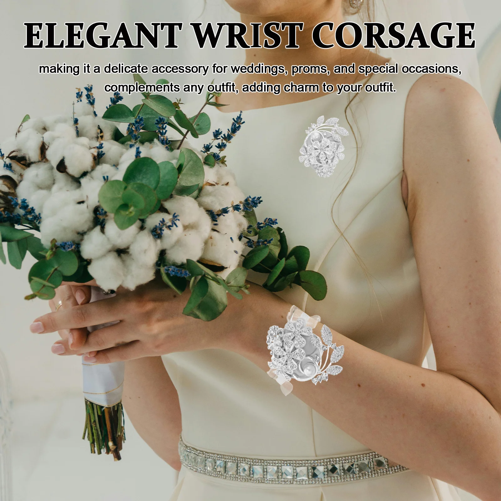 

1Set Wedding Wrist Corsage Rhinestone Faux Pearl Cloth Flower Bracelet Bridesmaids Bride Prom Party Decoration