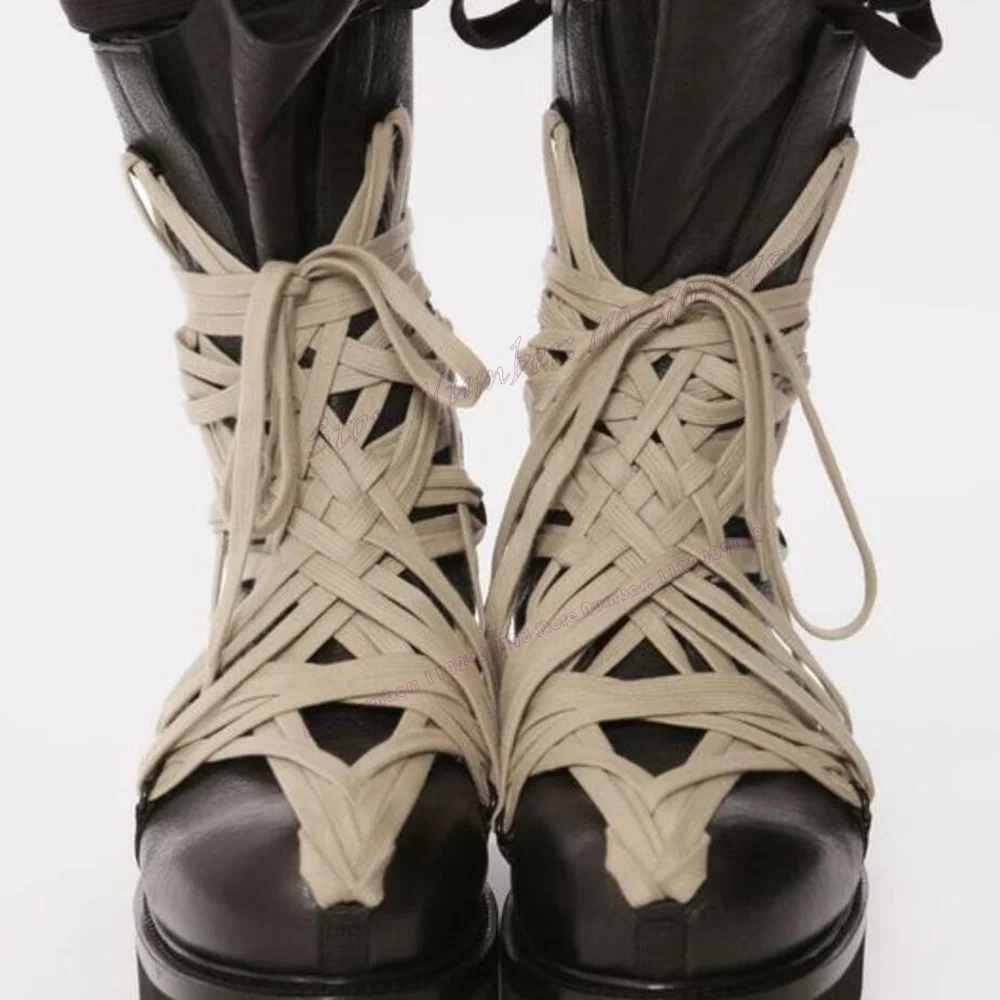Botas de punta redonda atadas en cruz para hombre, zapatos de tacón grueso de cuero mate, cómodos de lujo para pasarela, nuevo estilo, talla grande