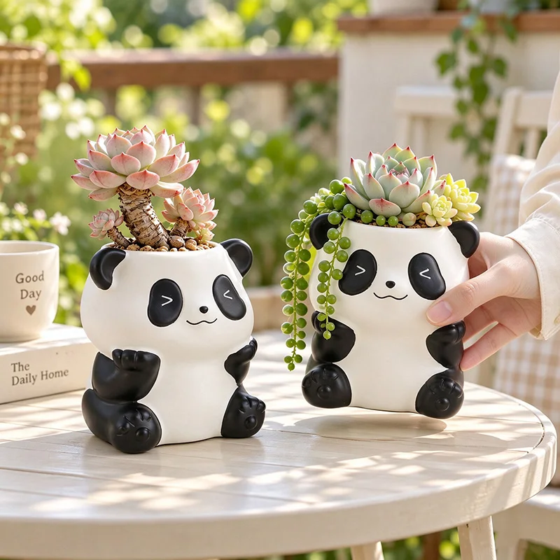 Resin Panda Statue Greenery Pot Adorable Animal Shaped Planter for Desktop Balcony Study Indoor Tabletop Home Decor Gift