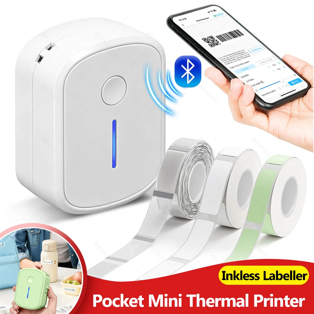 Portable Mini Label Printer Bluetooth Inkless Self-adhesive Thermal Labels Sticker Maker Adhesive Pocket Labeling Machine & Bag
