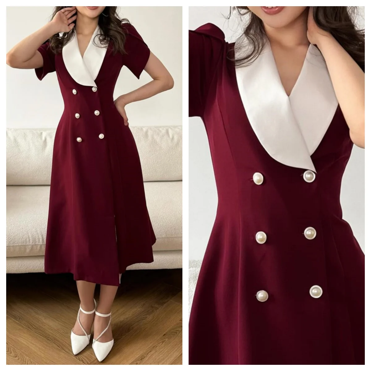 Customized Evening Dress Classic Burgundy Jersey V-Neck Off the Shoulder Short Sleeves A-Line Tea Length Buttons Prom Gowns