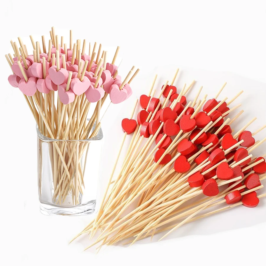 100 peças vermelho rosa coração bambu escolha buffet cupcake garfo de frutas sobremesa coquetel para suprimentos de festa do dia dos namorados