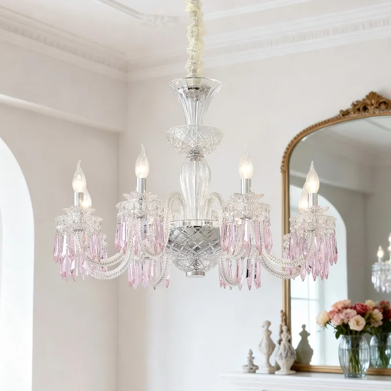 New hot-selling pink crystal chandelier European luxury living room light French simple dining room bedroom light engineering la