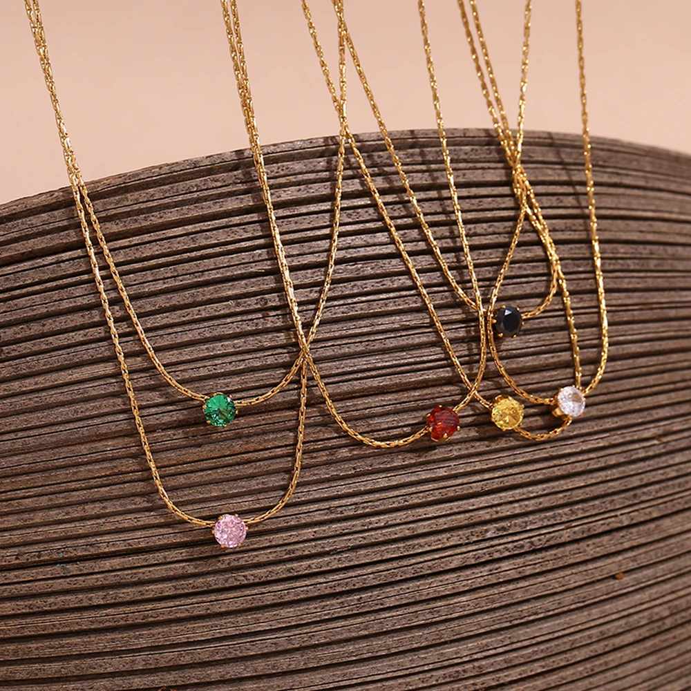 E.B.belle Ultra Fine Woven Chain Mini Zircon Pendant Necklace 316L Stainless Steel Necklace 18K Gold Plated Accessories