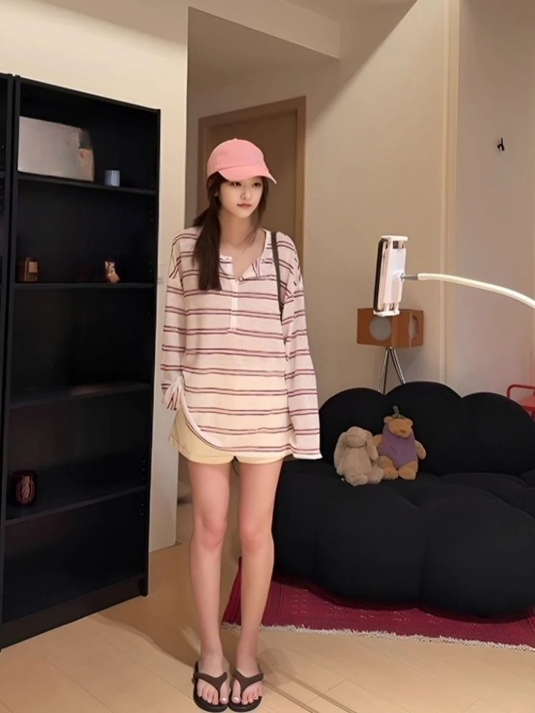 Y2k Stripes T Shirt For Women Spring Autumn Sunscreen Ropa De Mujer Korean Fashion Loose Casual Thin Camisetas