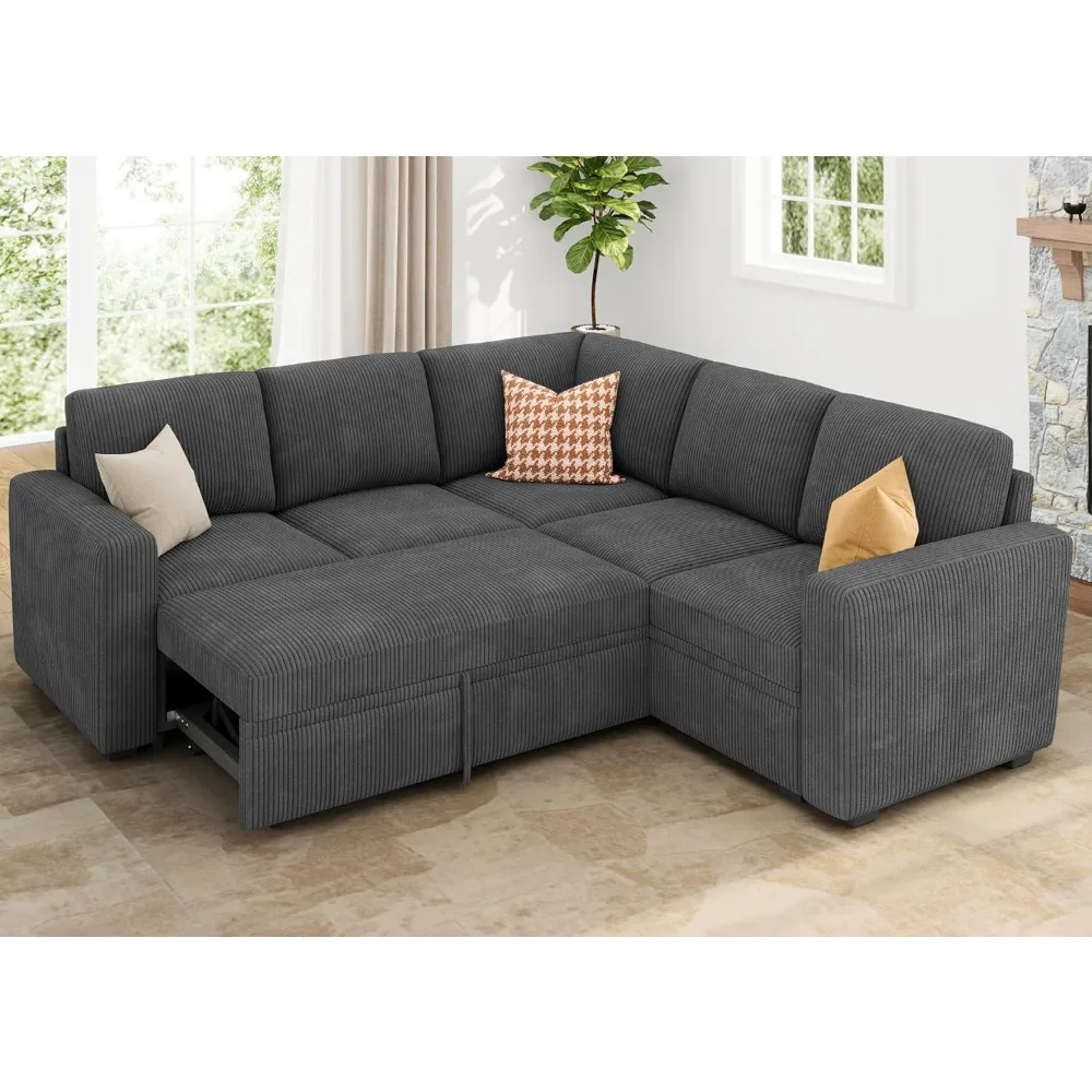 

Modular Sectional Sleeper Sofa with Pull Out Bed, Corduroy L Shaped Couch with Storage Seats, Convertible Sectional Couches for