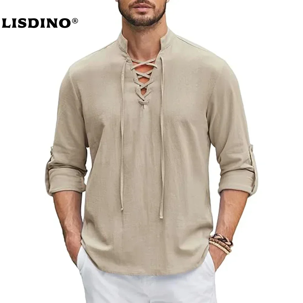 

1Новая мужская повседневная блузка, хлопково-льняная рубашка, топы, футболка с длинными рукавами, весенне-осенняя винтажная рубашка с наклонной планкой для йоги