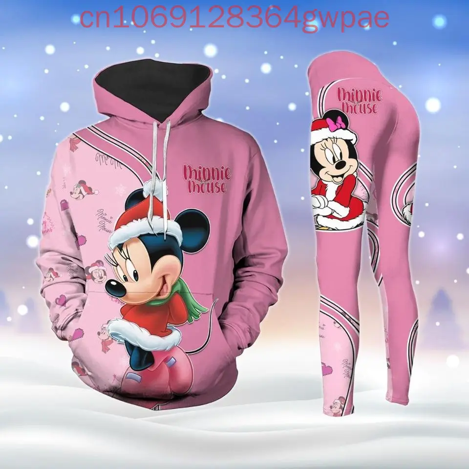 

Рождественская толстовка с капюшоном и леггинсы Disney Minnie Mouse, комплект для йоги, женская толстовка с Микки Маусом, штаны для йоги, спортивные штаны, модный спортивный костюм