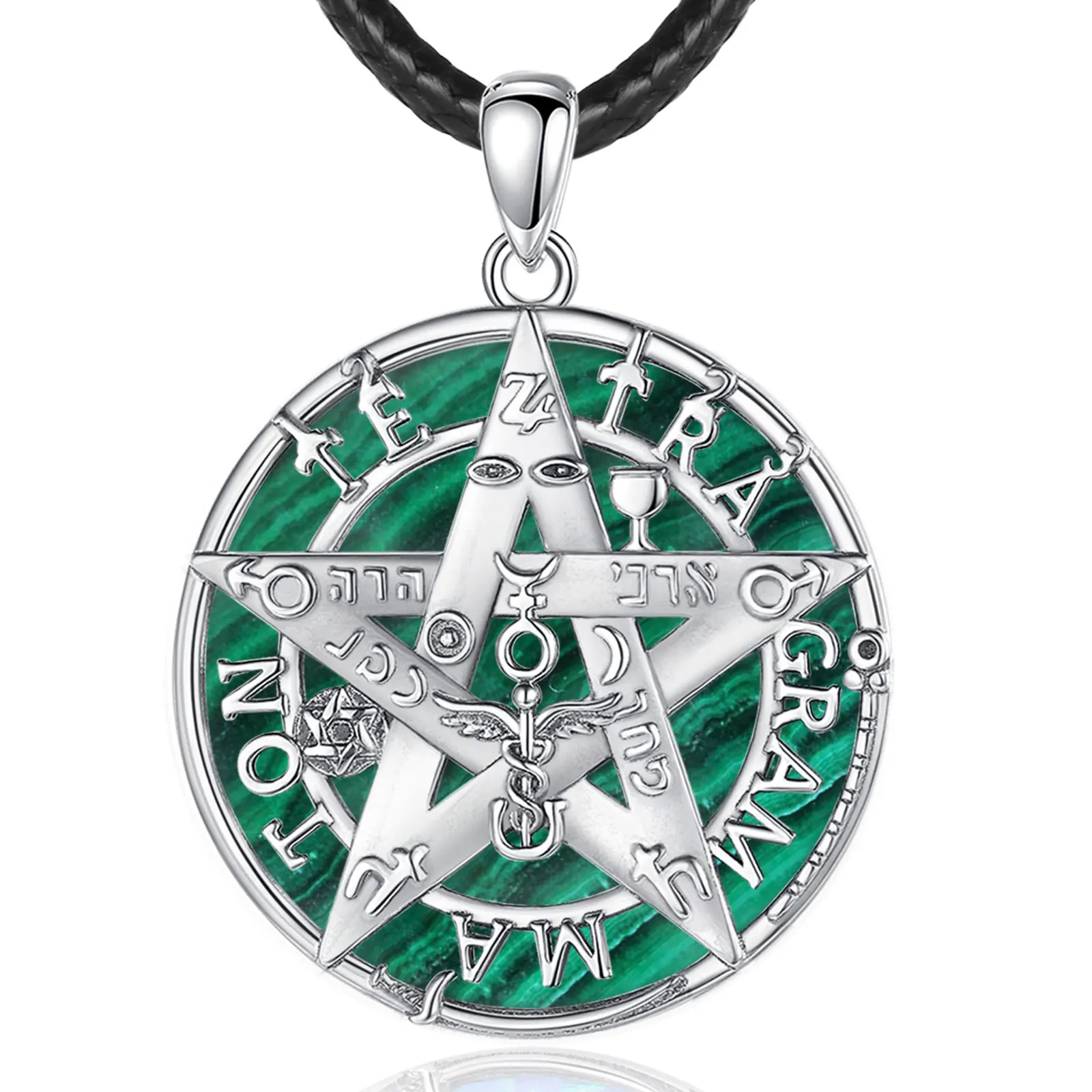Eudora Halskette aus 925er-Sterlingsilber, Tetragrammaton-Pentagramm, Farbe, Muschel, Malachit, Amulett-Anhänger, 4-farbig, für Männer und Frauen, Schmuck, Geschenk