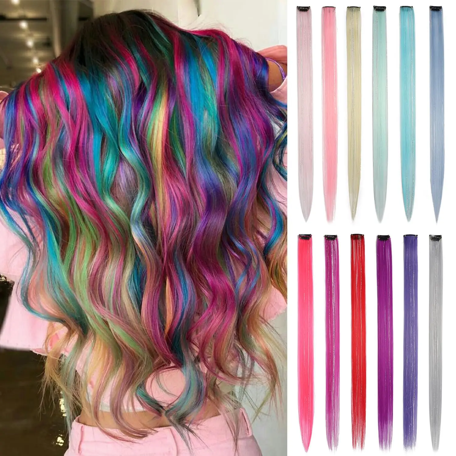 Synthetic 6pcs/pack Colored Party Highlights Clip in Hair Extensions 22 inches Multi-colors Straight Hair Synthetic Hairpieces