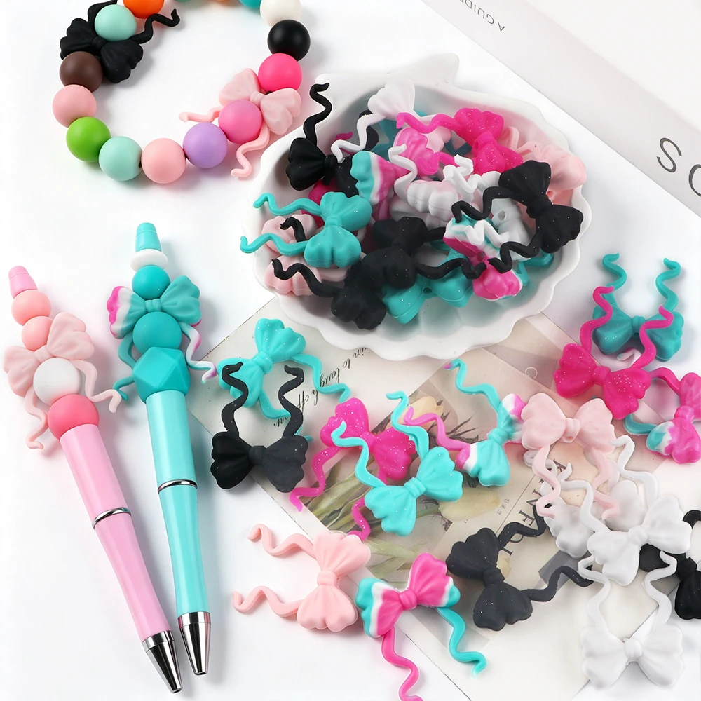 6pcs Flat Bow & Curly Long Ribbon Bow Bead Pastel Solid Glitter Silicone Bow Focal Beads For DIY Jewelry Making Accessories
