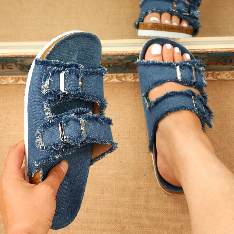 Women Denim Buckled Fringe Hem Double Strap Comfortable Sandals Woman Slip-on Beach Walk Slippers Summer Casual Sandalias