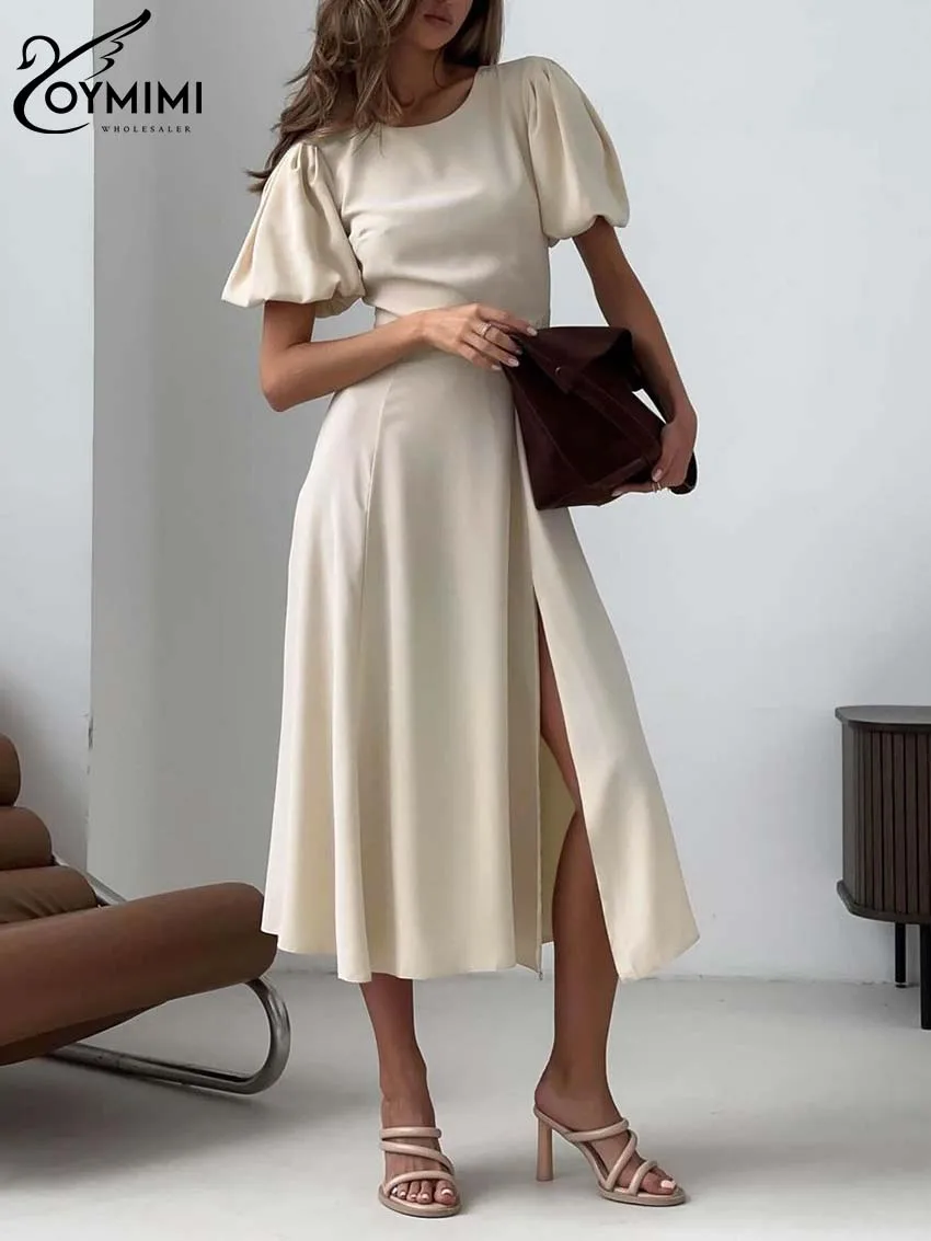 Oymimi Fashion Beige O-Neck Dresses 2024 Women Elegant Short Sleeve Open Back Dresses Casual New Side Slit Mid-Calf Dress Female